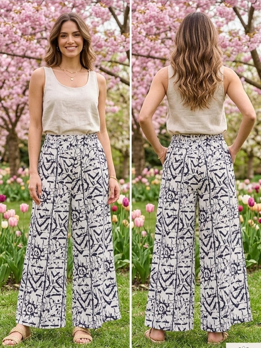 Veran Women   white and black Abstract Wide-Leg Pants Pockets polyester Waist L